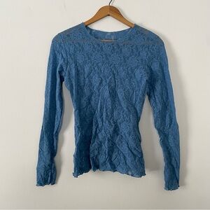 Vintage Y2K Hanky Panky Blue Floral Lace See-Through Long Sleeve Top Size Medium